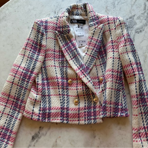 Zara blue, pink and cream plaid tweed double breasted blazer. NWT size M - Picture 6 of 10